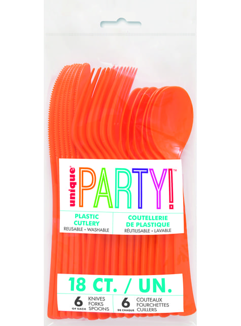 18 cubiertos naranja de plástico - Línea colores Básicos - Unique | Funidelia