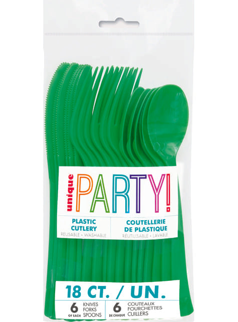 18 cubiertos verde esmeralda de plástico - Línea Colores Básicos - Unique | Funidelia