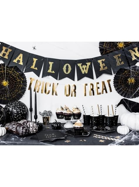 2 Abanicos de papel decorativos negros con araña dorada (32-40 cm) - Trick or Treat Collection - Partydeco | Funidelia