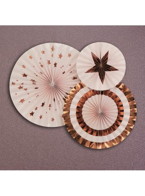 3 Abanicos de papel decorativos variados (21-26-30 cm) - Glitz & Glamour Pink & Rose Gold - Neviti | Funidelia