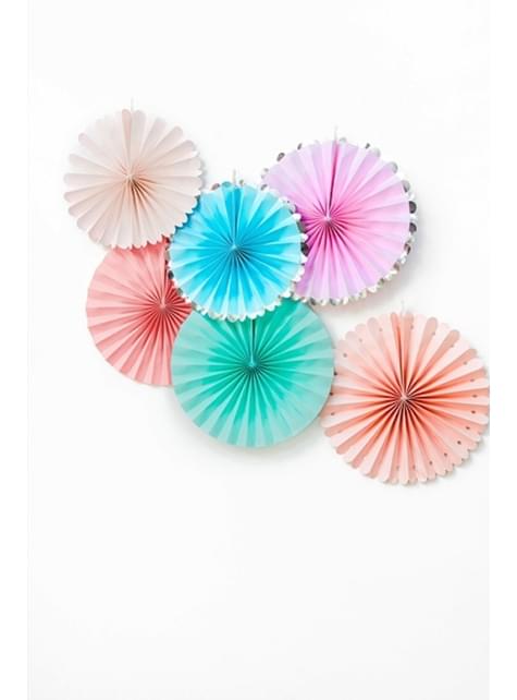 3 Abanicos de papel decorativos variados en tonos pastel y borde plateado (21-25-30 cm) - Unicorn - Partydeco | Funidelia