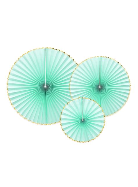 3 abanicos de papel decorativos verde menta con borde dorado - Yummy