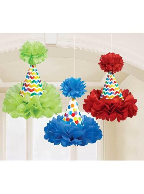 3 conos con pompón colgantes de lunares de colores - AMSCAN | Funidelia