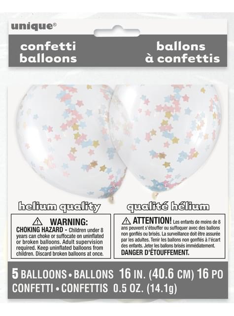 5 globos transparentes con confetti de estrella rosa, azul y dorados (30 cm) - Unique | Funidelia