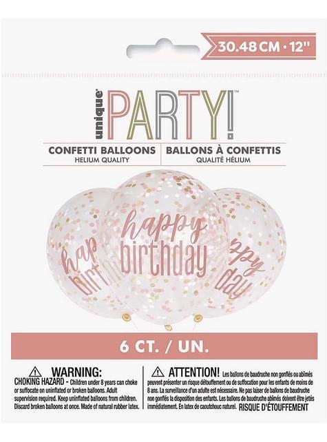 6 globos con confeti oro rosa “Happy Birthday“ - Unique | Funidelia