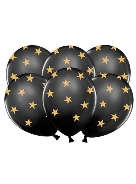 6 globos con estrellas doradas y negro (30 cm) - Partydeco | Funidelia
