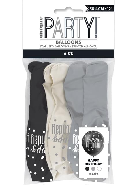 6 globos “Happy Birthday“ negro, plateado, blanco (30cm) - Black & Silver Glitz - Unique | Funidelia