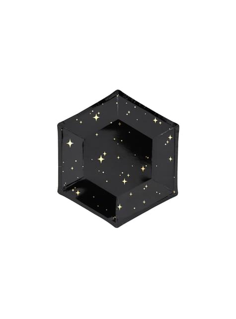 6 platos pentagonales negros con estrellas doradas de papel (20 cm) - New Year’s Eve Collection