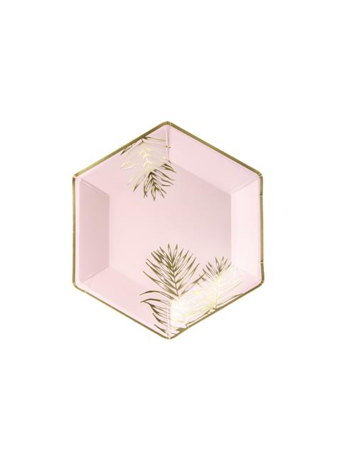 6 platos pentagonales rosas con hojas doradas de papel (23 cm) - Partydeco | Funidelia