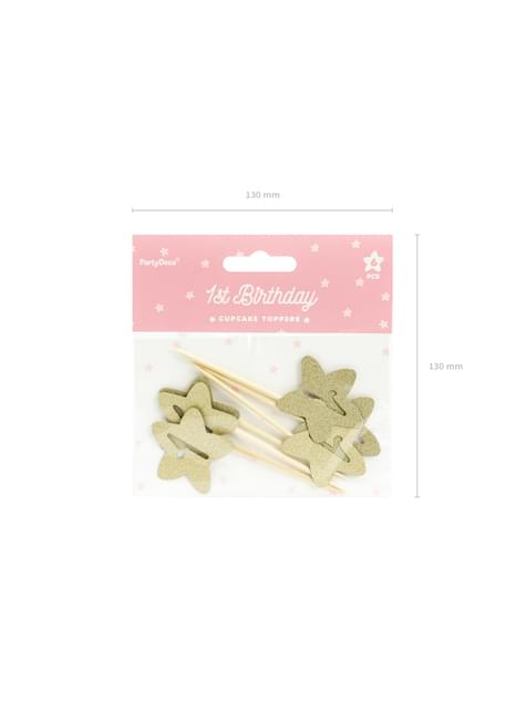 6 toppers decorativos “1“ con forma de estrella dorada - Pink 1st Birthday - Partydeco | Funidelia