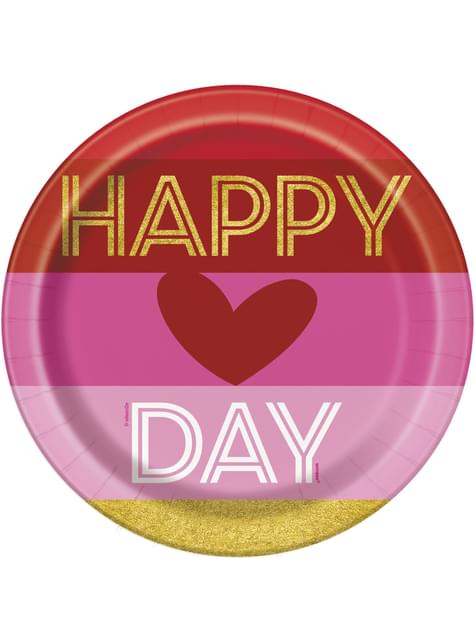 8 platos con corazón y rayas (23 cm) - Gold Happy Valentines - Unique | Funidelia