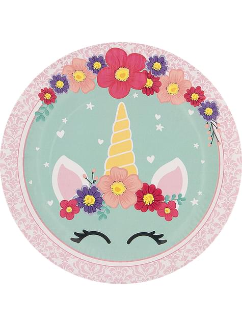 8 platos de unicornio (23cm) - Unicorn Flowers - Funiglobal | Funidelia