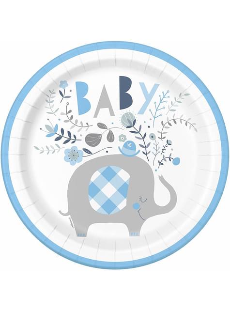 8 platos elefante azul baby Shower (23 cm) - Blue Floral Elephant