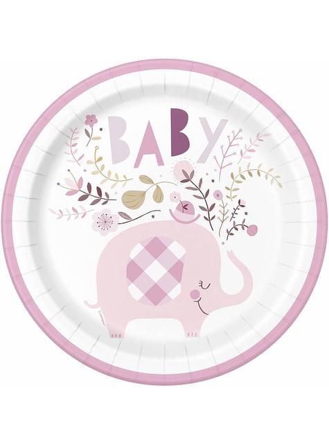 8 platos elefante rosa baby Shower (23 cm) - Pink Floral Elephant - Unique | Funidelia