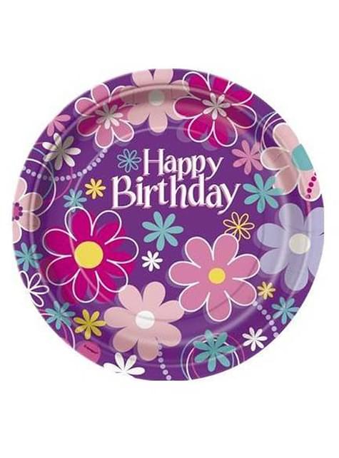 8 platos “Happy Birthday“ flores (23 cm) - Unique | Funidelia
