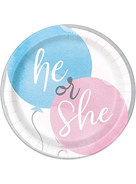 8 platos he or she (23 cm) - Gender Reveal Party - Unique | Funidelia