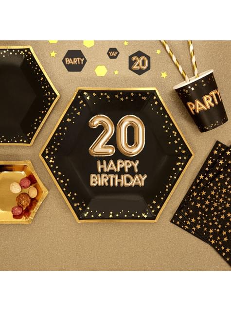 8 platos hexagonales “20 Happy Birthday“ de papel (27 cm) - Glitz & Glamour Black & Gold - Neviti | Funidelia