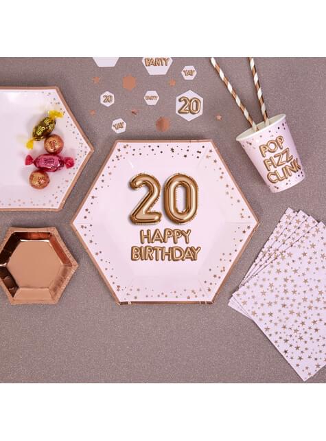 8 platos hexagonales “20 Happy Birthday“ de papel (27 cm) - Glitz & Glamour Pink & Rose Gold - Neviti | Funidelia