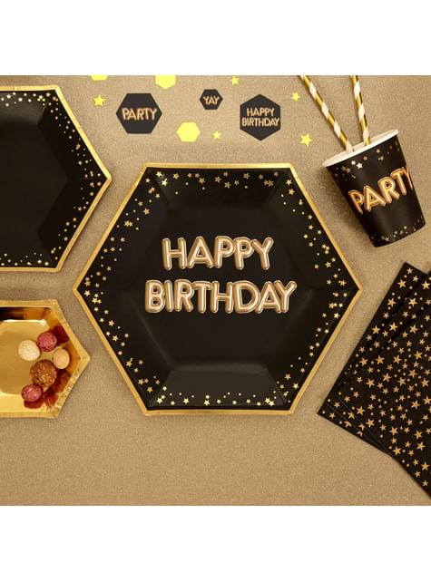 8 platos hexagonales “Happy Birthday“ de papel (27 cm) - Glitz & Glamour Black & Gold - Neviti | Funidelia