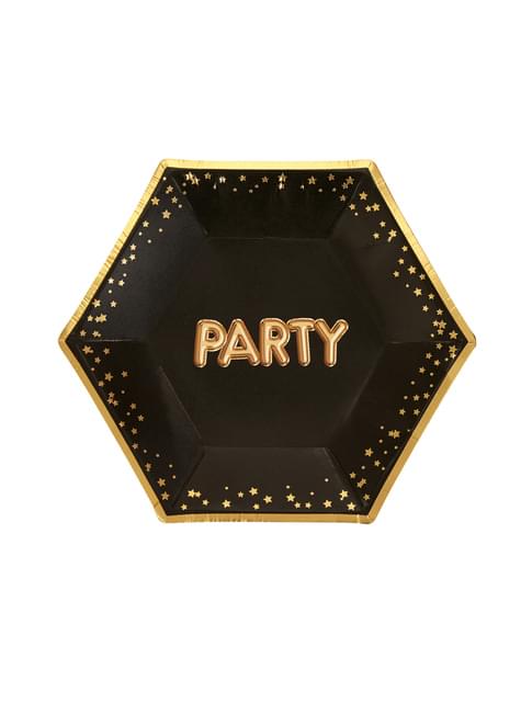 8 platos hexagonales medianos de papel “Party“ de papel (20 cm) - Glitz & Glamour Black & Gold