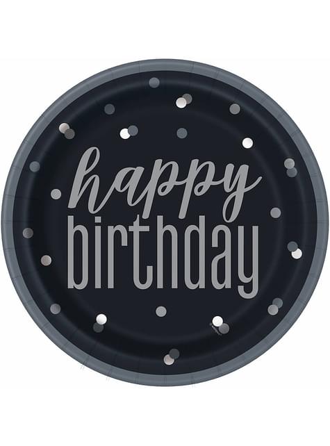 8 platos negros “Happy Birthday“ (23 cm) - Black & Silver Glitz - Unique | Funidelia