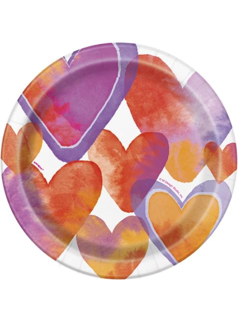 8 platos pequeños con corazones de acuarela (18 cm) - Watercolour Hearts - Unique | Funidelia