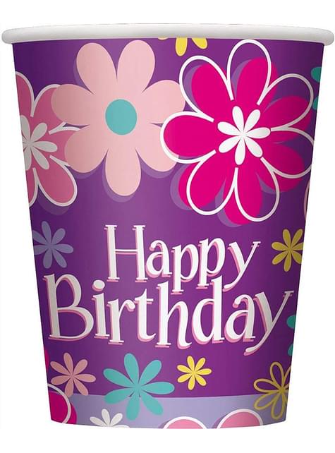 8 vasos de Happy Birthday flower - Unique | Funidelia