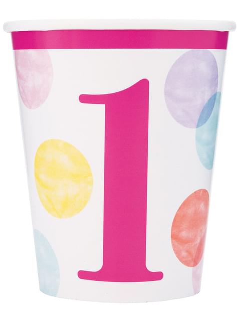 8 vasos de primer cumpleaños rosas - Pink Dots 1st Birthday - Unique | Funidelia