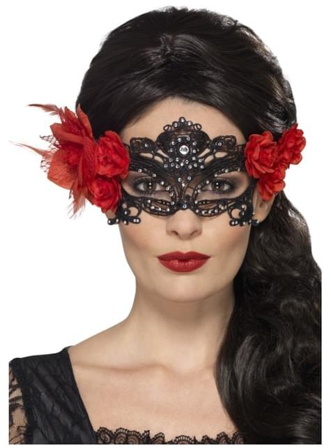 Antifaz negro con flor roja para mujer - Smiffys | Funidelia
