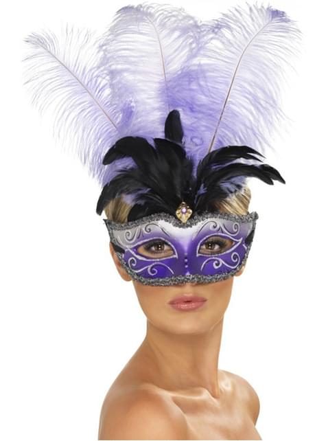 Antifaz veneciano con pluma morada - Smiffys | Funidelia