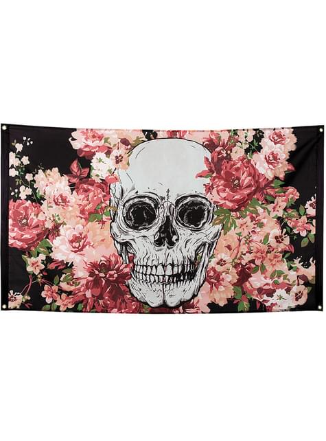 Bandera de esqueleto con flores negra y rosa - Boland | Funidelia