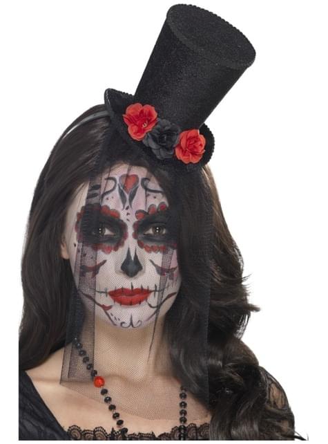 Diadema con sombrero de Catrina con rosas y velo - Smiffys | Funidelia