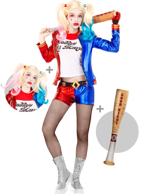 Disfraz de Harley Quinn para mujer con peluca y bate hinchable - Escuadrón Suicida - Funiglobal | Funidelia