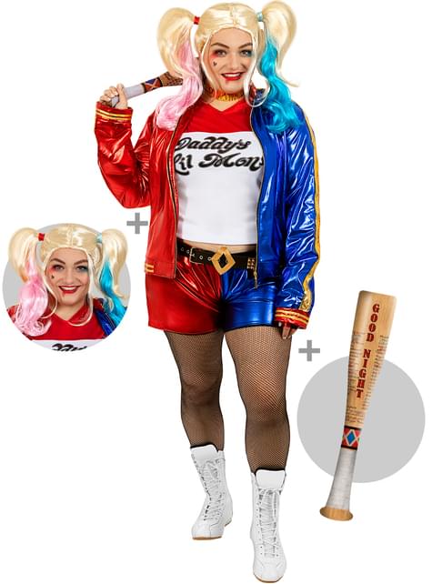 Disfraz de Harley Quinn para mujer con peluca y bate hinchable talla grande - Escuadrón Suicida - Funiglobal | Funidelia