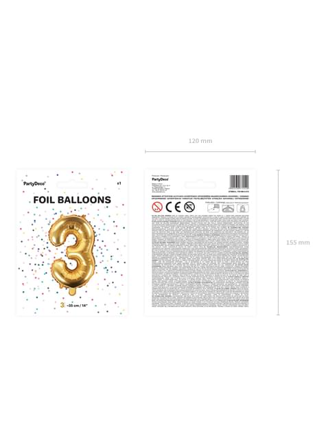 Globo foil “3“ dorado (35 cm) - Partydeco | Funidelia