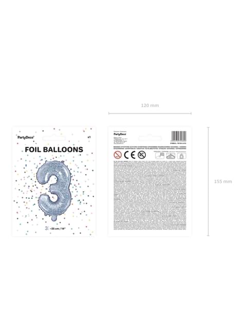 Globo foil “3“ plateado con purpurina (35 cm) - Partydeco | Funidelia