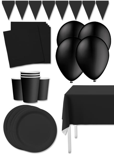 Kit decoración de fiesta color negro Premium para 8 personas - Colores lisos