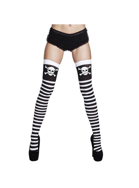 Medias a rayas blancas y negras con calaveras para mujer