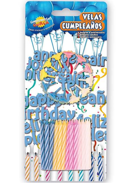 Pack de 24 Velas y 12 portavelas de colores para Cumpleaños - Guirca | Funidelia