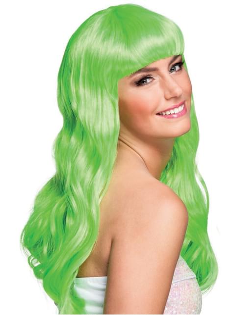 Peluca verde lima con flequillo para mujer