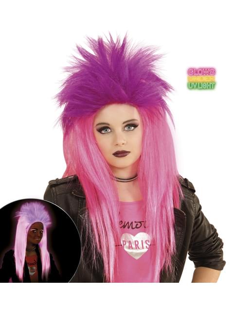 Peluca de punky rosa fluorescente para niña - Widmann | Funidelia
