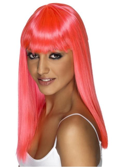 Peluca glamour rosa neón con flequillo