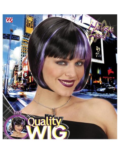 Peluca negra con mechas violetas para mujer - Widmann | Funidelia