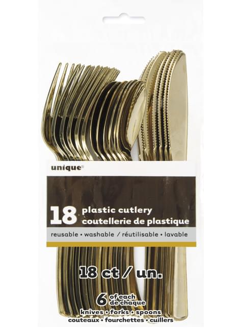 Set de cubiertos de plástico dorados - Línea Colores Básicos - Unique | Funidelia