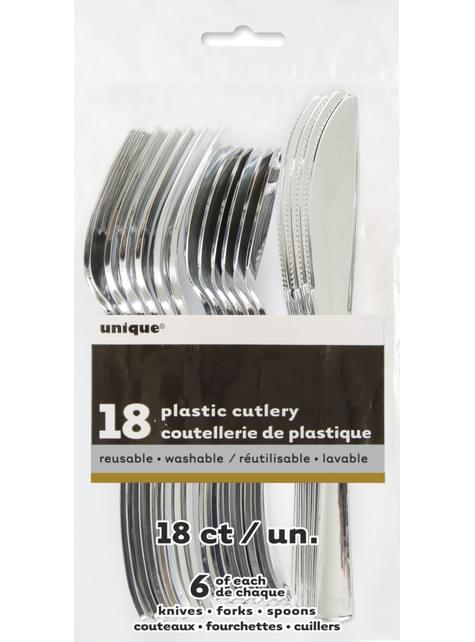 Set de cubiertos de plástico plateados - Línea Colores Básicos - Unique | Funidelia
