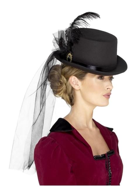 Sombrero victoriano con pluma y velo negro para adulto - Smiffys | Funidelia