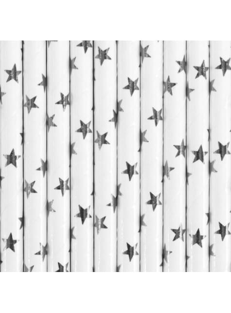 10 pajitas blancas con estrellas plateadas de papel