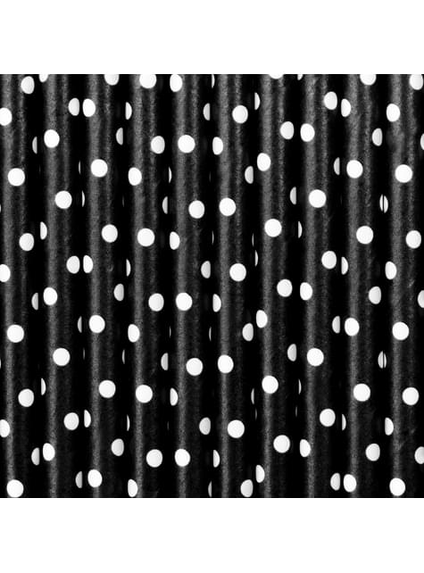 10 pajitas negras con lunares blancos de papel - Meow Party