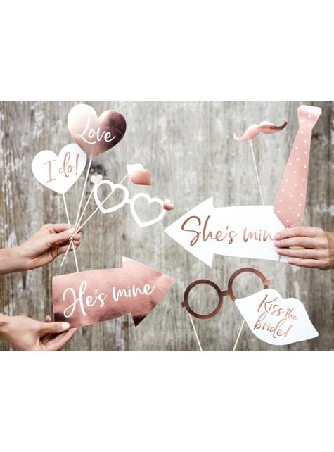 12 accesorios photocall “Kiss the bride!“ oro rosa de boda