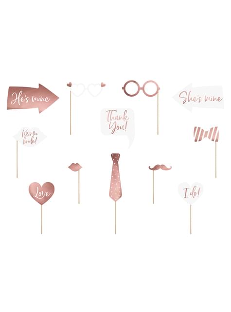 12 accesorios photocall “Kiss the bride!“ oro rosa de boda